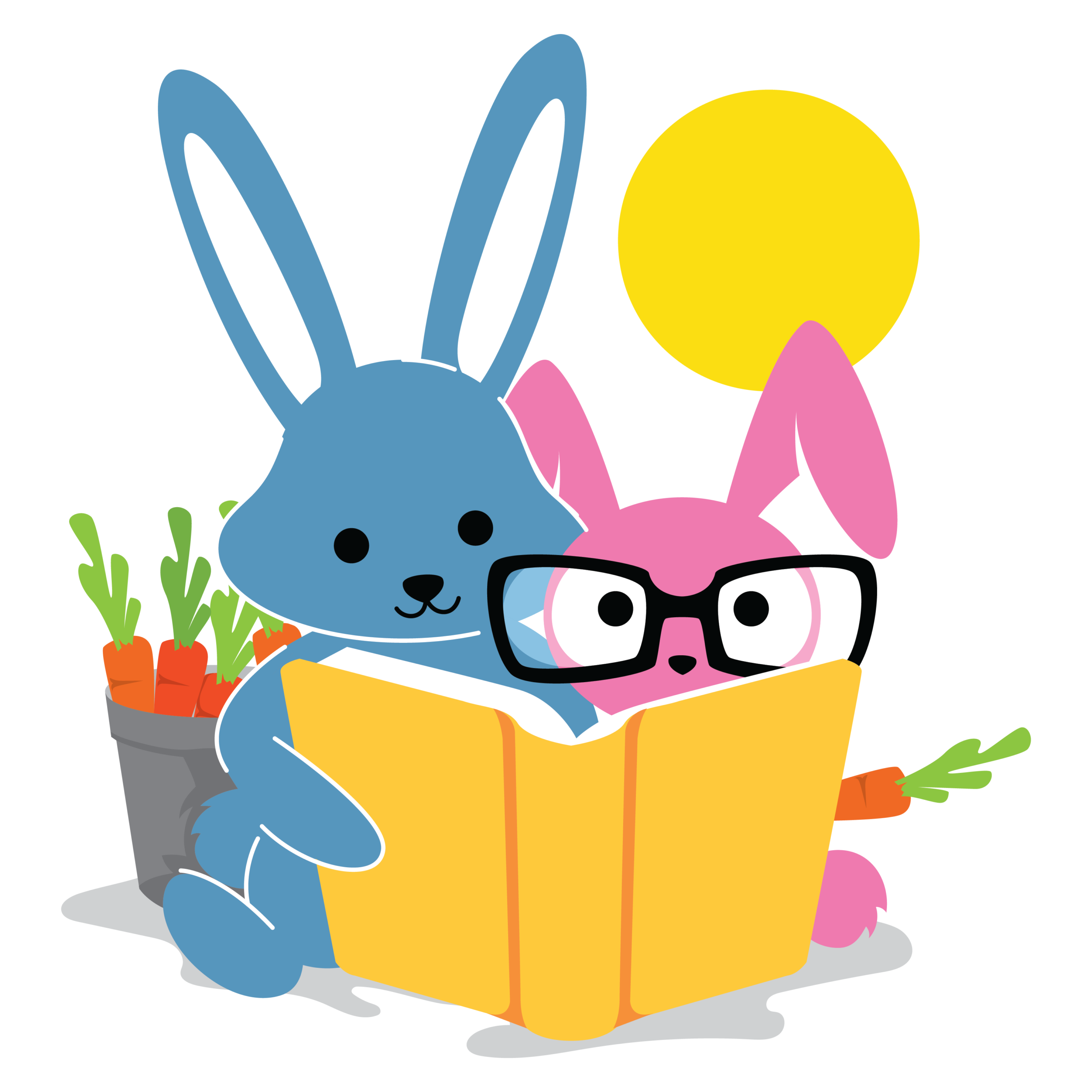 Early Achievers Preschool Hawaii logo with blue and pink cartoon bunnies reading a book under the sun, surrounded by carrots.