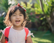 Smiling child with backpack at Early Achievers Preschool Hawaii, enjoying outdoor learning and playtime.